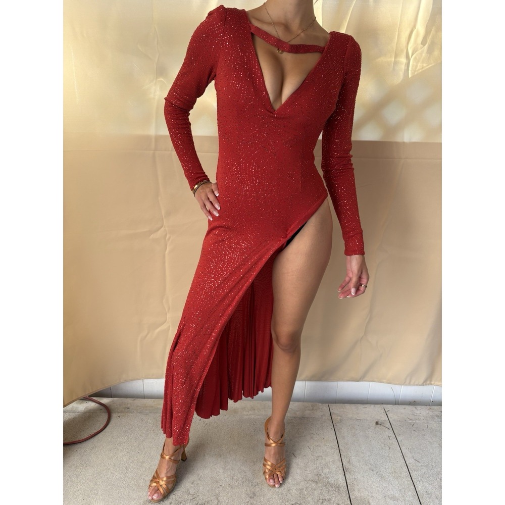 Ballroom & Latin Rhythm Competition Red Dress XS/S Sexy Rhinestones Slit Vintage